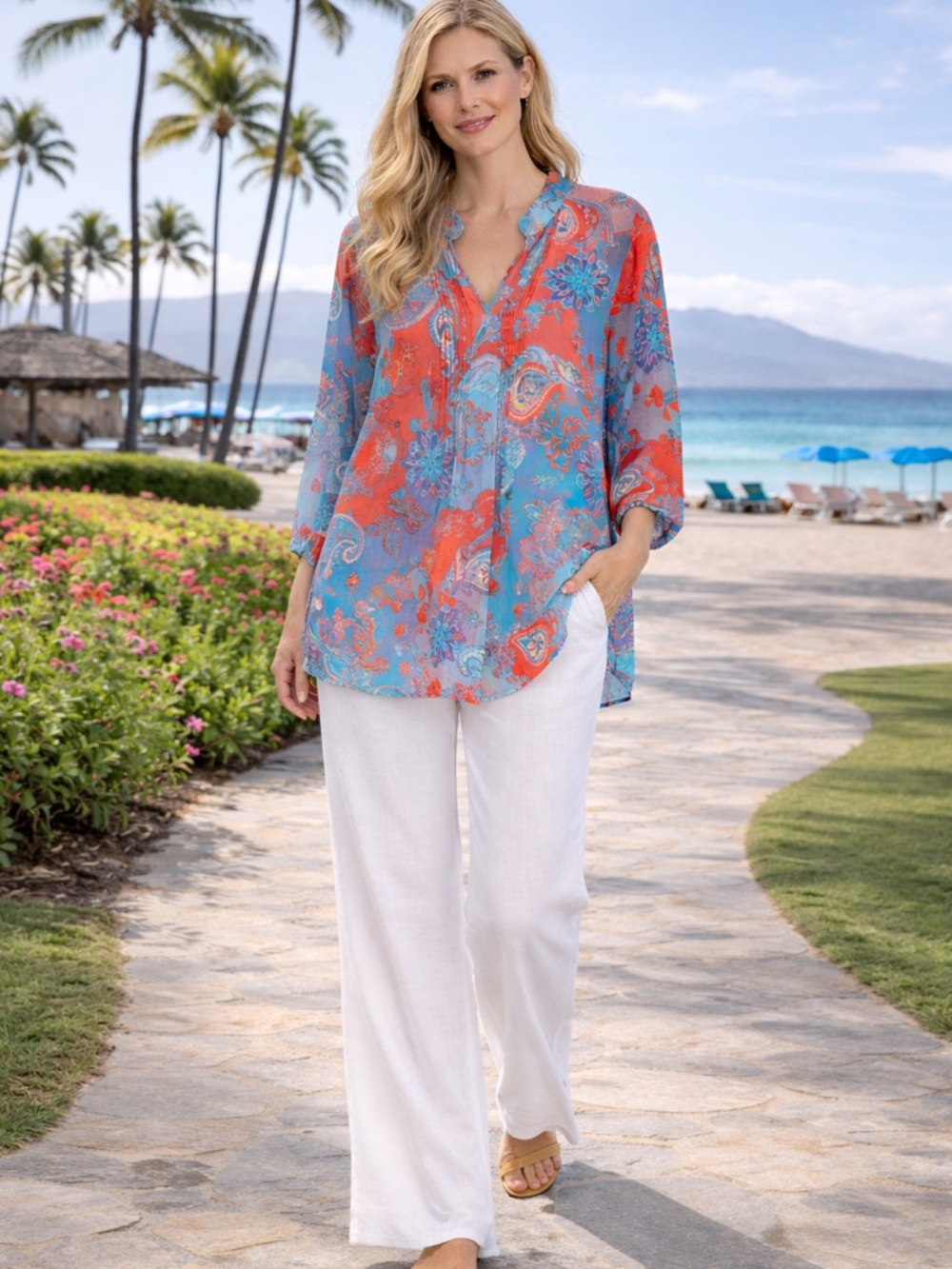 Susan Graver Boho Paisley Tunic Blouse Size M Sheer Flowy Blue Coral Resort Top